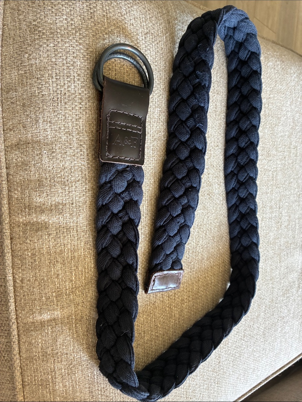 Vintage Abercrombie & Fitch Braided Black/navy Fabric Belt leather Accent d ring
